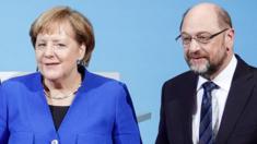 Rival German leaders: CDU's Angela Merkel (L) and SPD's Martin Schulz