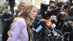 Stormy Daniels talks to reporters outside a Manhattan court