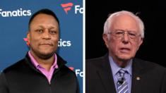 Two profile shots of two men. On the left, former American football player Barry Sanders. On the right, politician Bernie Sanders