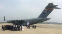 US military airplane arriving at base in South Korea