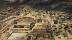 A drawing shows an aerial view of Pompeii, with its amphitheatre and roman housing, as a thick black cloud descends upon the city from the top of the frame.