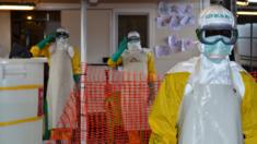 Health workers wearing protective gear at the Nongo Ebola treatment centre in Conakry, Guinea, on August 21, 2015
