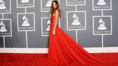 US singer Rihanna arrives at the 55th Annual Grammy Awards at Staples Center in Los Angeles in a dress designed by Azzedine Alaïa, 10 February 2013