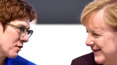 German Chancellor Angela Merkel (R) talks to party chairwoman Annegret Kramp-Karrenbauer during the Christian Democratic Union (CDU) party congress in Leipzig, Germany, 22 November 2019