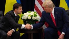 US President Donald Trump and Ukrainian President Volodymyr Zelensky shake hands during a meeting in New York on 25 September 2019,
