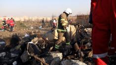 Recovery teams are pictured amid the wreckage after a Ukrainian plane carrying 176 passengers crashed