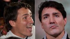 Two Trudeaus - happy and pensive