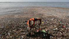 Hombre trabajando en la limpieza de basura en las playas del Malecón de Santo Domingo, República Dominicana.