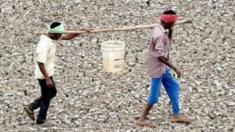 Dos hombres llevando agua en un balde