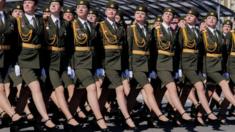 Belarusian soldiers take part in the Victory Day parade, which marks the anniversary of the victory over Nazi Germany in World War Two