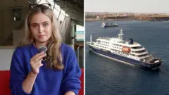 BBC journalist Ottilie Mitchell in a split screen with a cruise ship.
