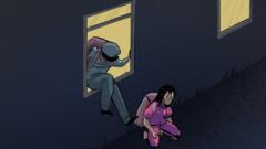 Ilustração: prisioneira fugindo pela janela com o guarda