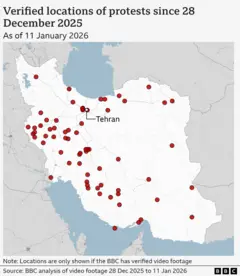 Map showing verified locations of protests in Iran from 28 December 2025 to 11 January 2026