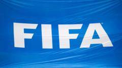The FIFA logo on a banner before the FIFA World Cup Qatar 2022 semi final match between France and Morocco at Al Bayt Stadium on December 14, 2022 in Al Khor, Qatar