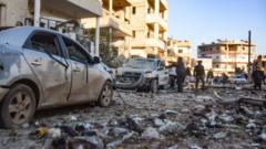 People inspecting bomb damage - shelled-out cars and rubble - in the town Maarat Misrin in Idlib province