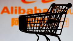 A shopping cart is seen in front of the Alibaba Group logo.