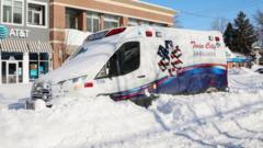 An ambulance is left stranded following a winter storm in the Buffalo region