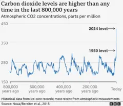 Line graph of atmospheric CO2 concentration from 800,000 years ago to the present day. Until the last 250 years, CO2 concentrations ranged from about 180 to 300 parts per million. Today, CO2 levels are over 420 parts per million and have risen dramatically over the past century - almost a vertical line on the graph.
