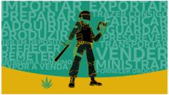 Ilustração que mostra policial lendo código penal, com palavras que descrevem tráfico e flor de cannabis abaixo
