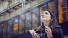 a woman staring up at a train timetable