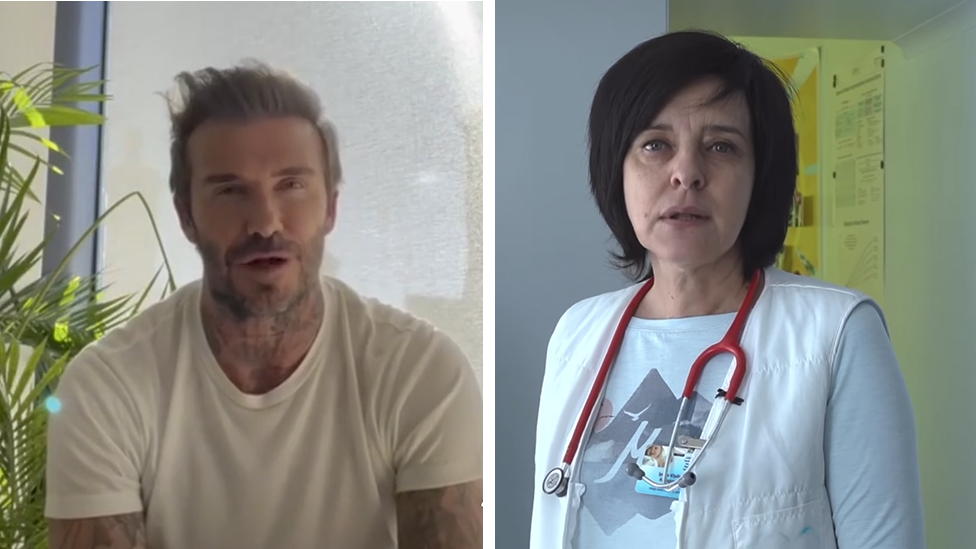 On a split screen, David Beckham is pictured left, Dr Iryna is pictured right