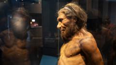 Homem neandertal na exposição sobre evolução humana no Museu de História Natural de Londres em 27 de abril de 2022