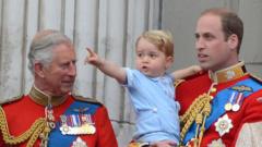 Then then Prince Charles, Prince of Wales with Prince William, Duke of Cambridge and Prince George of Cambridge during the annual Trooping The Colour ceremony at Buckingham Palace on 13 June 2015
