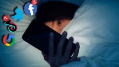 Woman staring at phone in bed with logos of Facebook, TikTok, Twitter and Google popping out of the screen