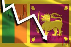 White arrow and stocks chart fall down on the background of the waving flag of Sri Lanka