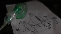 The mask of the inhaler is on the child's drawing. The picture shows a family, the child wants to recover and return home from the hospital. The struggle for health. Concept photo of the grim state