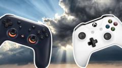 A Google Stadia controller (left) and an Xbox One controller (right) against a storm cloud