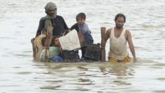 A family wade through flood waters in Pakistan