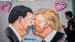 Graffiti showing Xi Jinping and Donald Trump kissing in face masks