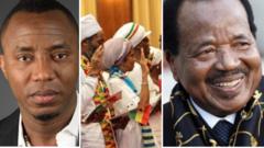 Photo collage of Sowore (left), Ghana Year of Return (Centre), Cameroon President Paul Biya