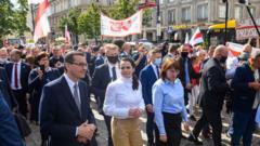 Poland's Prime Minister Mateusz Morawiecki pictured with the leader of the Belarusian opposition, Svetlana Tikhanovskaya