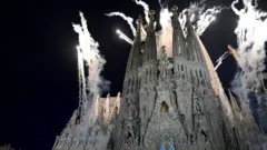 View of the fireworks for the inauguration of Jesus Christ tower by Pope Leo XIV at the Basílica de la Sagrada Família
