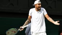Nick Kyrgios holds his arms out in surprise