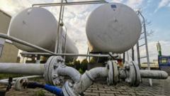 Pipes, valves and tanks with liquefied petroleum gas are seen at the petrol station in Czulowek, Poland on 28 April 2022
