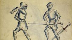 Ilustração de cavaleiros lutando da série de livros de luta 'Gladiatória'