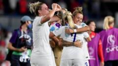 Beth Mead (C) of England celebrates with Millie Bright o