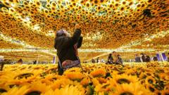 People take pictures at a sunflower installation at the Van Gogh Alive digital art experience exhibition