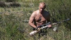 Putin carrying a sniper rifle while hunting topless