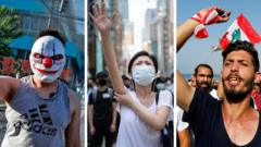 A composite picture shows protesters in Chile, Hong Kong and Lebanon