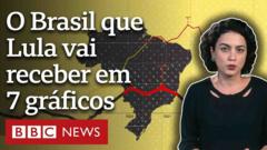 Mapa do Brasil, linhas de gráficos, a repórter Laís Alegretti e o texto: O Brasil que Lula vai receber em 7 gráficos