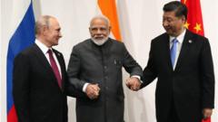 Russian President Vladimir Putin, Indian Prime Minister Narendra Modi and China's President Xi Jinping