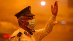 An Iraqi policeman directs traffic during a severe dust storm in the capital Baghdad