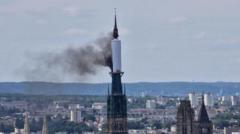 Rouen cathedral spire on fire as building evacuated