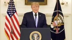 A still image taken from video provided on social media on January 8, 2021. Donald Trump via Twitter. US President Donald Trump gives an address, a day after his supporters stormed the US Capitol in Washington,
