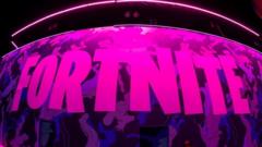 The word Fortnite lit up with pink light