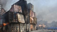 Сгоревшие контейнеры на складе